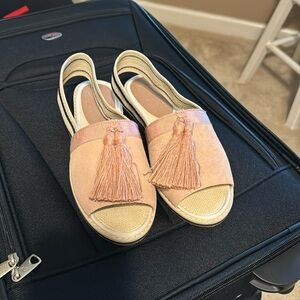 Bettye Muller Sling back Sandals with pink tassel and navy stripe